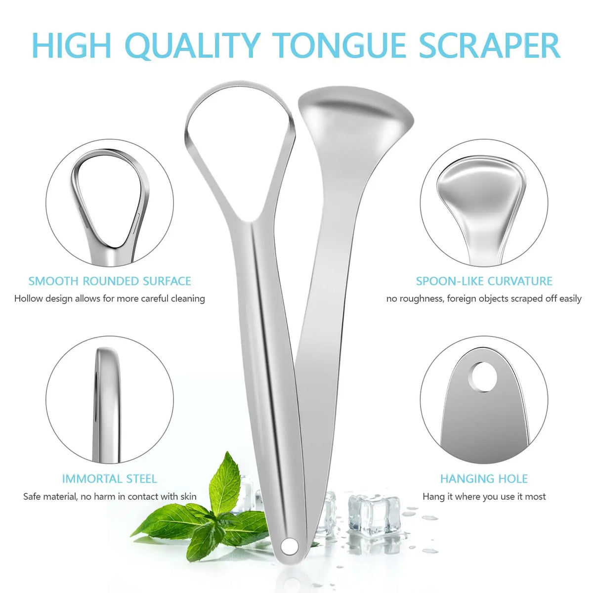 A silver stainless steel tongue scraper with a spoon-like curvature and a hanging hole is shown next to a mint leaf.