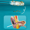 Tubo de vidrio con cerumen junto a un diagrama del canal auditivo y un hisopo para el oído.