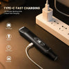 A black electric body hair trimmer is shown plugged into a Type-C fast charging adapter and power bank.