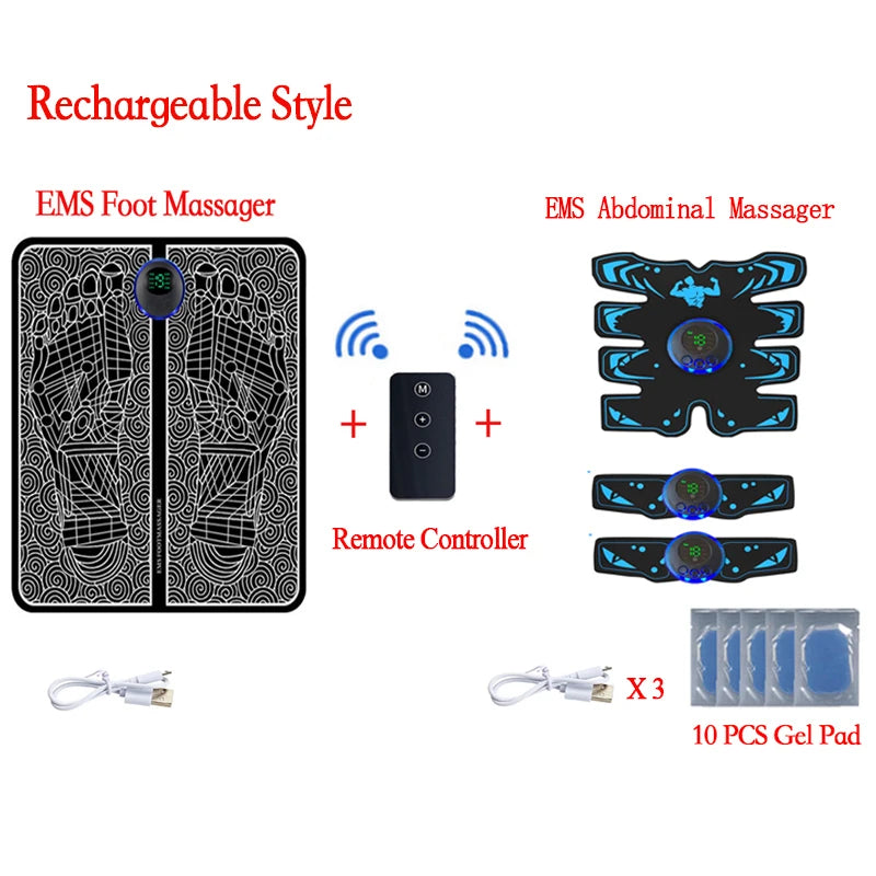 Set of EMS foot and abdominal massagers with remote controller and gel pads