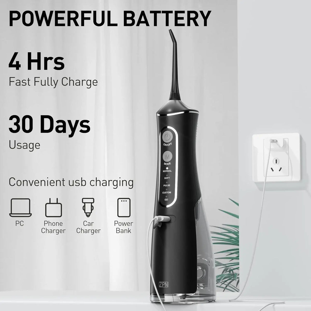 A black portable rechargeable oral irrigator is shown next to a wall outlet and various charging options.