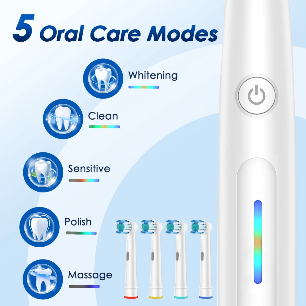 Diagram showing five oral care modes for a rotary electric toothbrush including whitening, clean, sensitive, polish, and mass