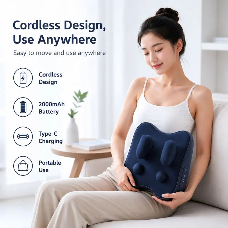 A woman is using a dark blue electric massage pillow for relief while sitting on a sofa.