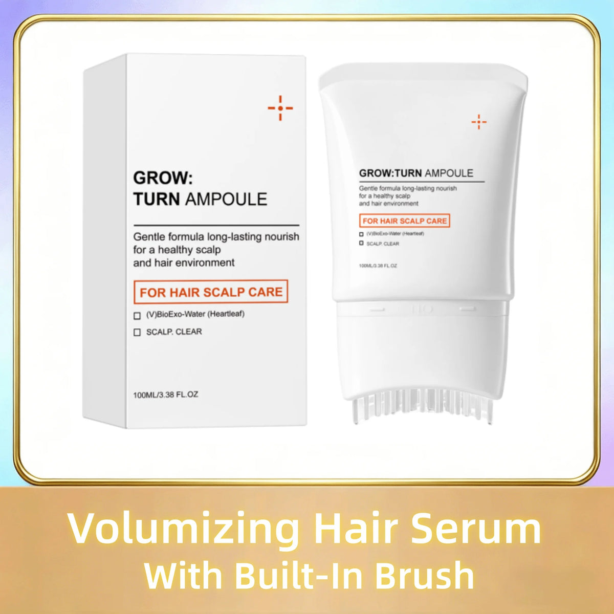 Botella de ampollas blanca con cepillo integrado para aplicar sérum voluminizador de cabello