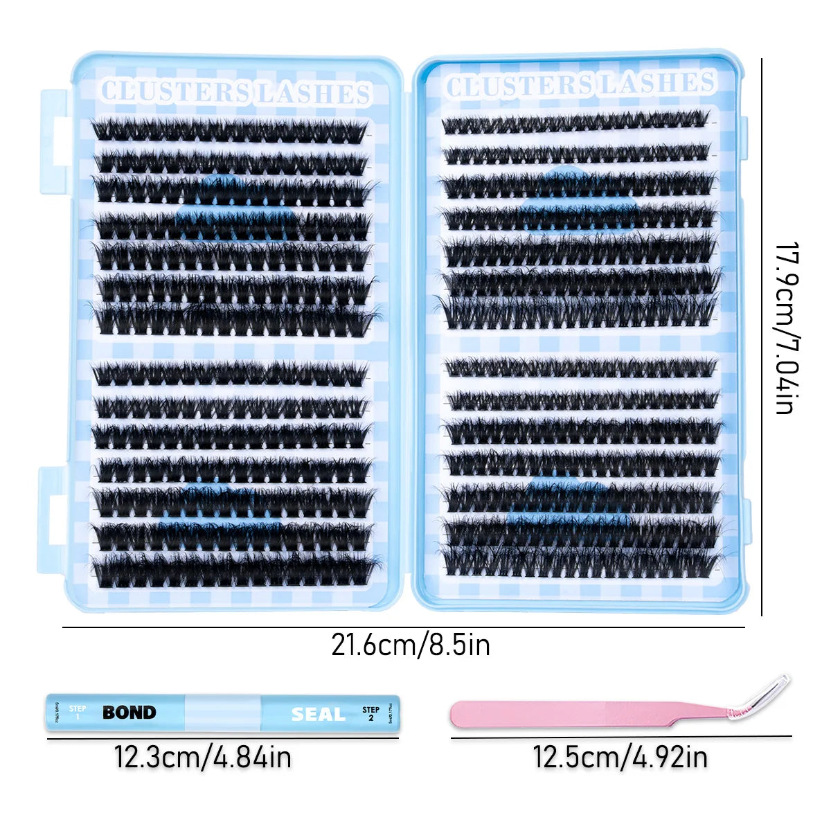 A set of clusters lashes in black and blue, along with bond and seal strips for lash extensions.