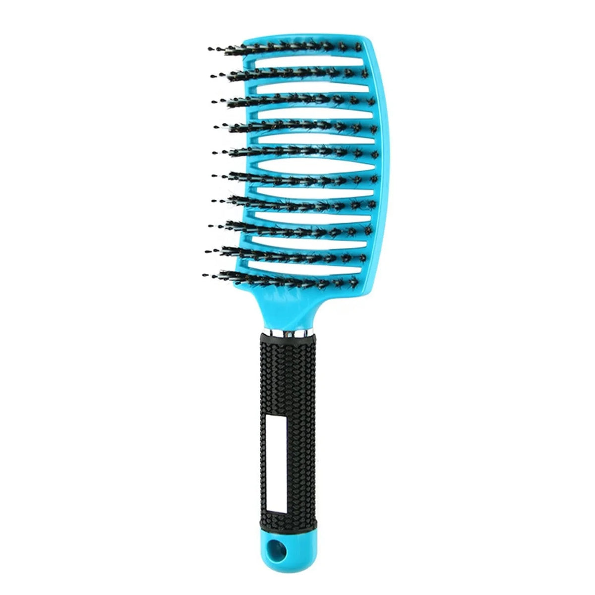 A bright blue nylon bristle detangling comb for wet hair with black grips.