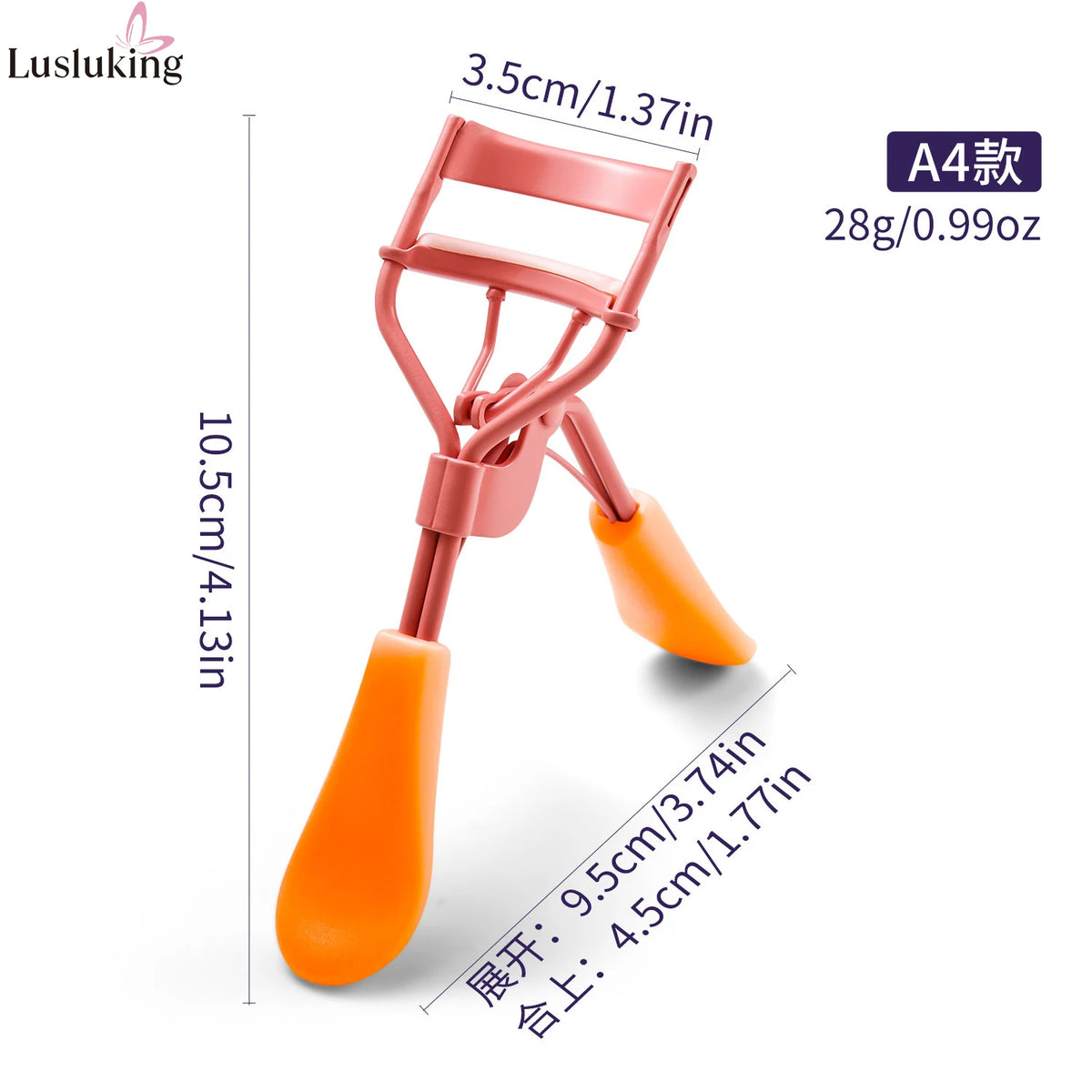 A pink precision eyelash curler with an orange tip shown against a white background.