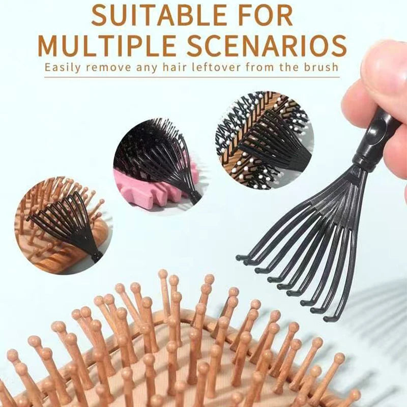 A black boar bristle hair brush is shown with various brushes and a wooden brush in a light background.