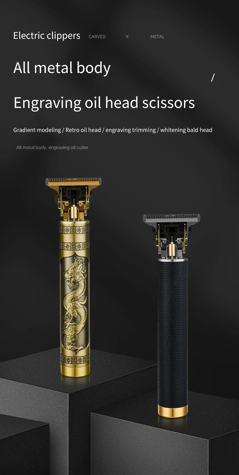 A close-up view of a gold and black electric clipper with an engraved oil head scissor design.