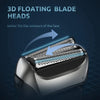 A close-up view of a professional electric shaver head demonstrating 3D floating blade technology fitting the contours of the