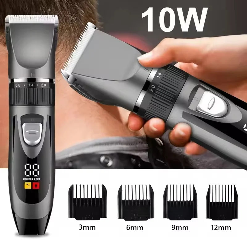 A professional electric hair clipper set showing various blade sizes from 3mm to 12mm being used on a person's head.