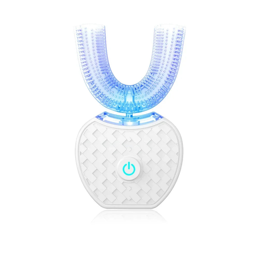 A white ultrasonic electric toothbrush with a blue head and power button.