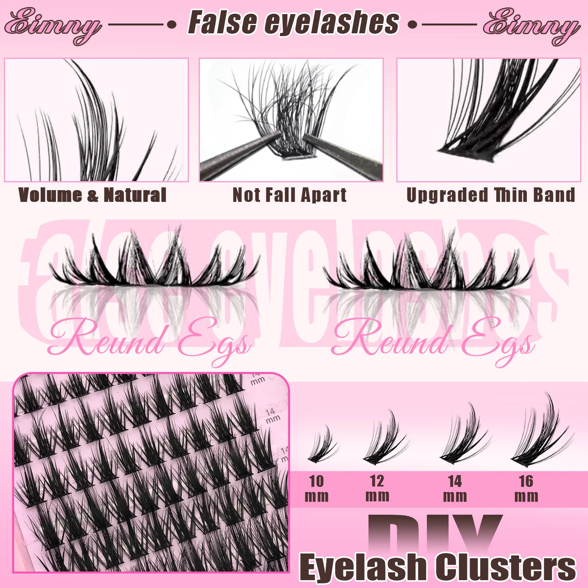 A display of various false eyelashes including volume, natural, and thin band styles.