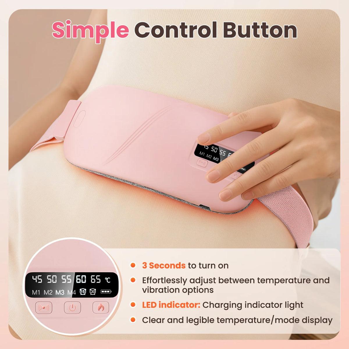Eine Hand benutzt einen rosa elektrischen Menstruationswärmer mit einer einfachen Taste zur Temperatur- und Vibrationseinstel