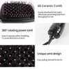 A black ceramic comb hair brush with a 360 rotating power cord and a unique vent design for styling.