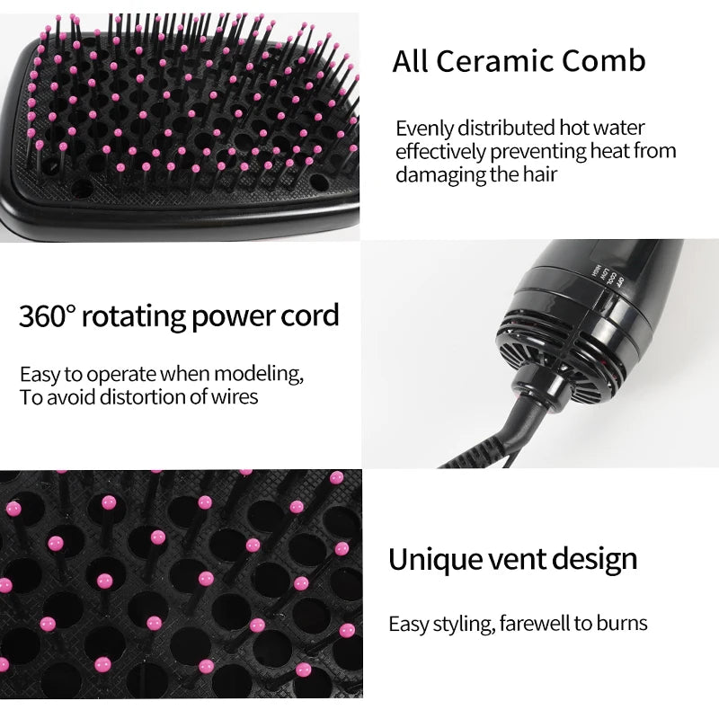 A black ceramic comb hair brush with a 360 rotating power cord and a unique vent design for styling.