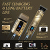 A gold-colored electric foil shaver with a charging port and various power adapter options shown in different contexts.
