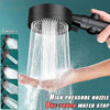 A hand holds a black high-pressure 5-mode handheld shower head with a hose, demonstrating its water spray patterns.