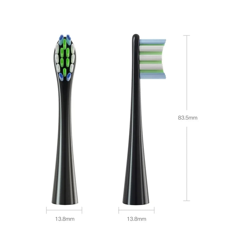A black replacement bristle head for a sonic toothbrush with a light blue and green color gradient.