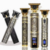 A set of gold and silver cordless electric hair shavers and trimmers for men displayed against a white background.