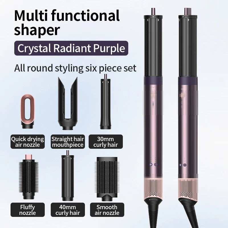 A set of six round styling tools in crystal radiant purple including straight and curly hair pieces