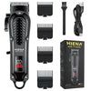 A black HIENA professional cordless hair clipper set with various attachments shown in a box.