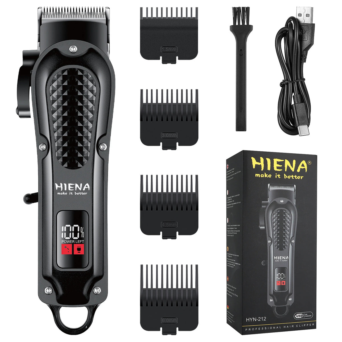 A black HIENA professional cordless hair clipper set with various attachments shown in a box.