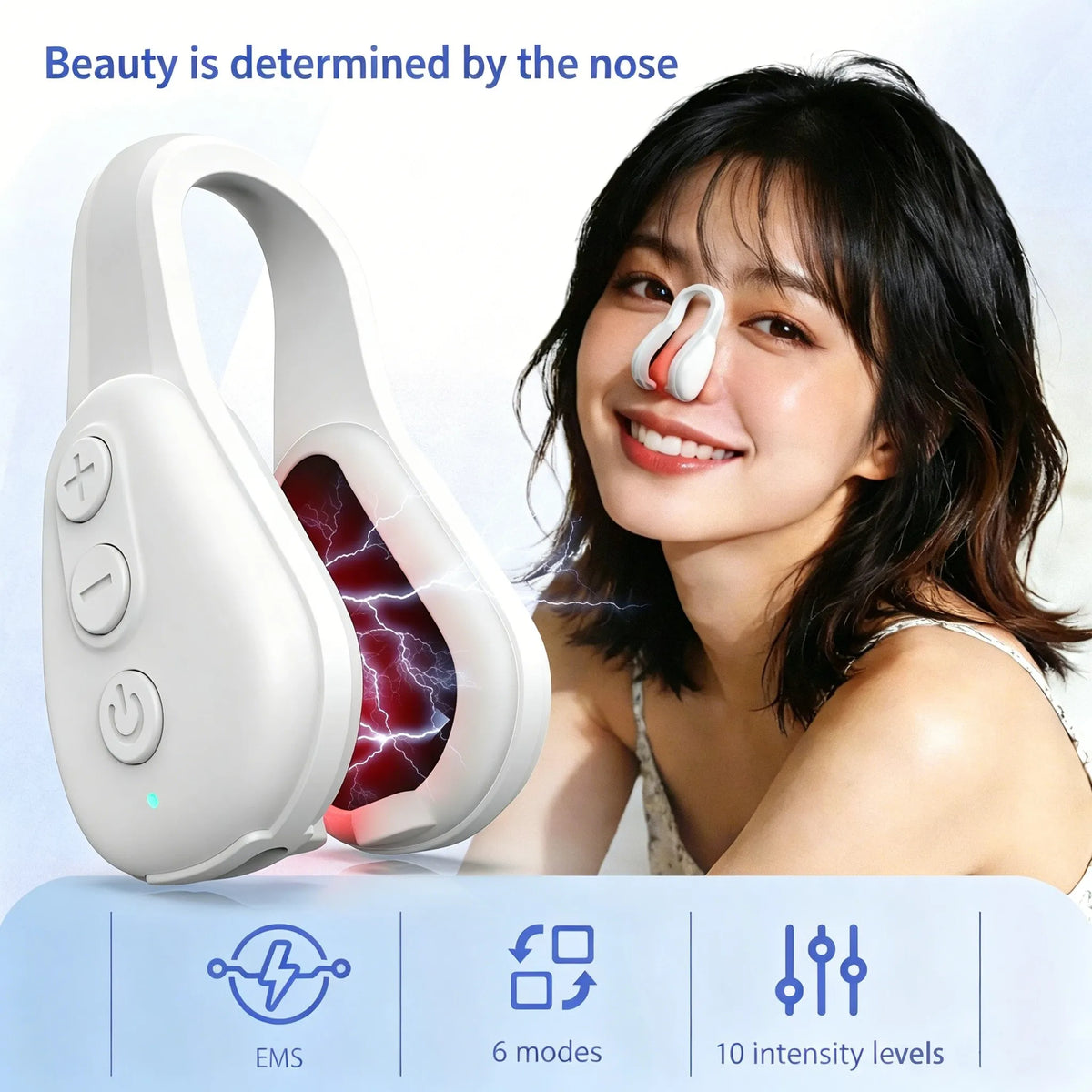 A woman smiling while holding a white electric silicone nose shaper device with icons for EMS, 6 modes, and 10 intensity leve