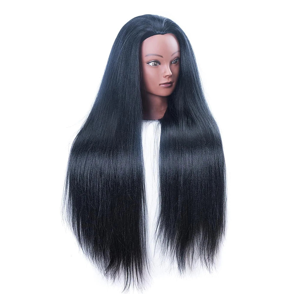 A professional cosmetology mannequin head with long, straight, black hair displayed against a white background.