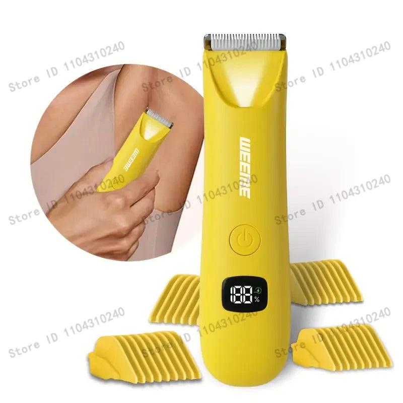 A yellow precision LED hair removal trimmer is shown with a close-up of the device and several replacement heads.