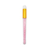A clear glass bottle with a gold cap and a precision brush filled with pink eyelash extension cleaning solution.