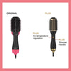 Comparison image showing an original hair brush and a plus version with air temperature regulation and a slimmer handle.