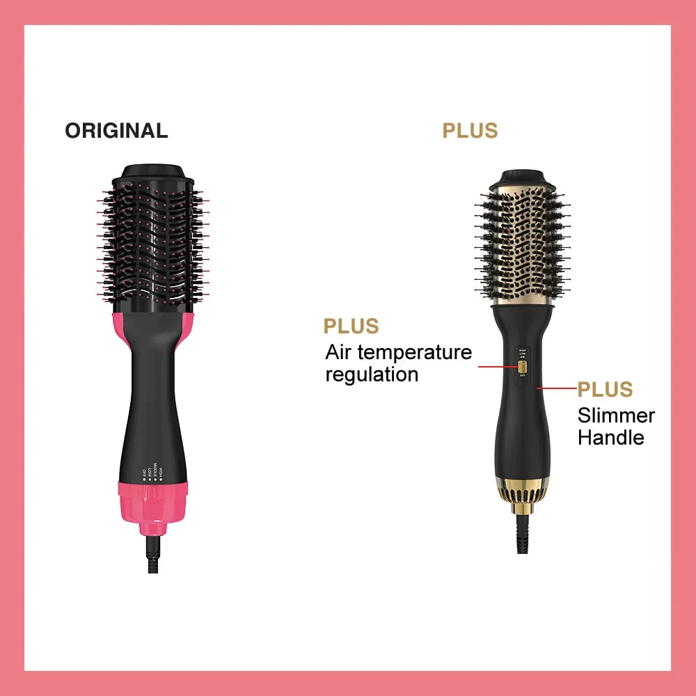 Comparison image showing an original hair brush and a plus version with air temperature regulation and a slimmer handle.