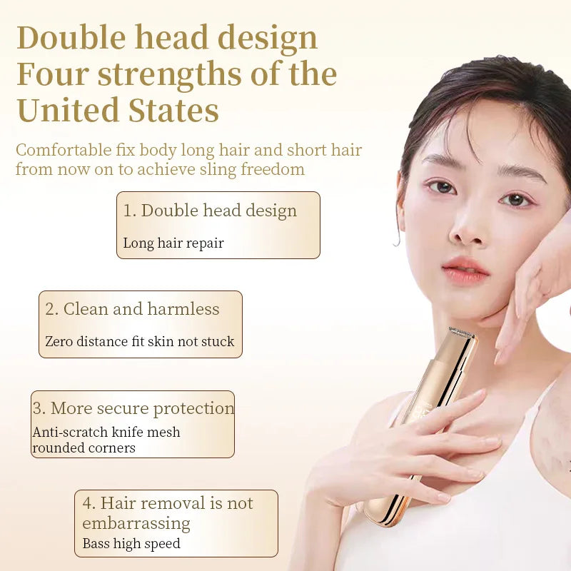 لقطة مقربة لامرأة تحمل مجموعة حلاقة وتشذيب كهربائية محمول، تبرز ميزاتها لإزالة الشعر.