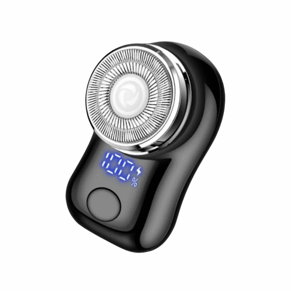 A close-up view of a black cordless electric beard trimmer shaver with a silver grille and blue indicator light.