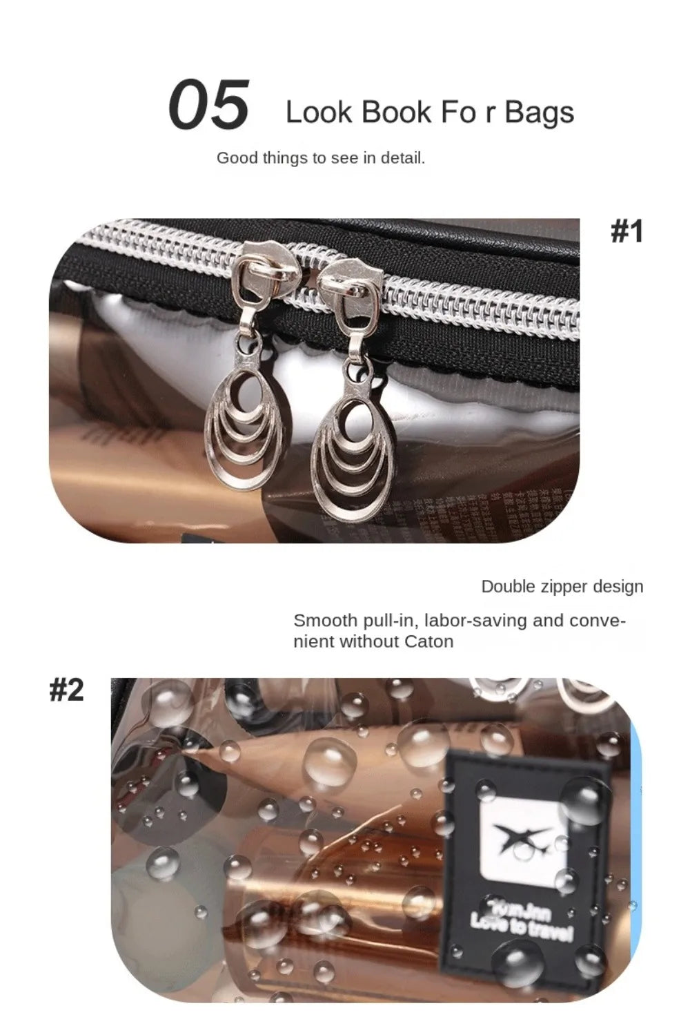 Close-up of a clear PVC cosmetic bag showing a silver zipper detail and a brown leather tag.