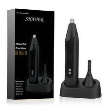 A black rechargeable shaver with a charging base and a separate trimming head is shown on a dark background.