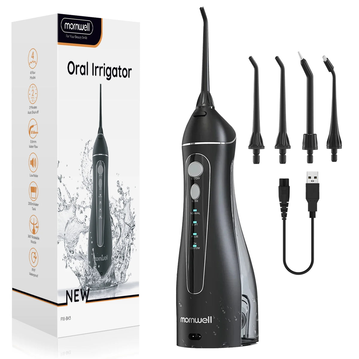 A black Morwell oral irrigator device with multiple tips and a charging cable displayed next to its packaging.