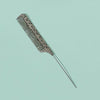 A close-up view of an anti-static rat tail comb with a leopard print design against a light mint green background.