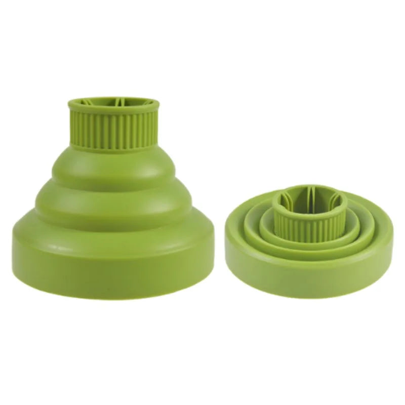 A green silicone hairdryer diffuser cover with a stacked, conical design.