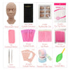 A set of silicone eyelash extension practice tools including a mannequin head, brushes, patches, tweezers, and eyelash blow.