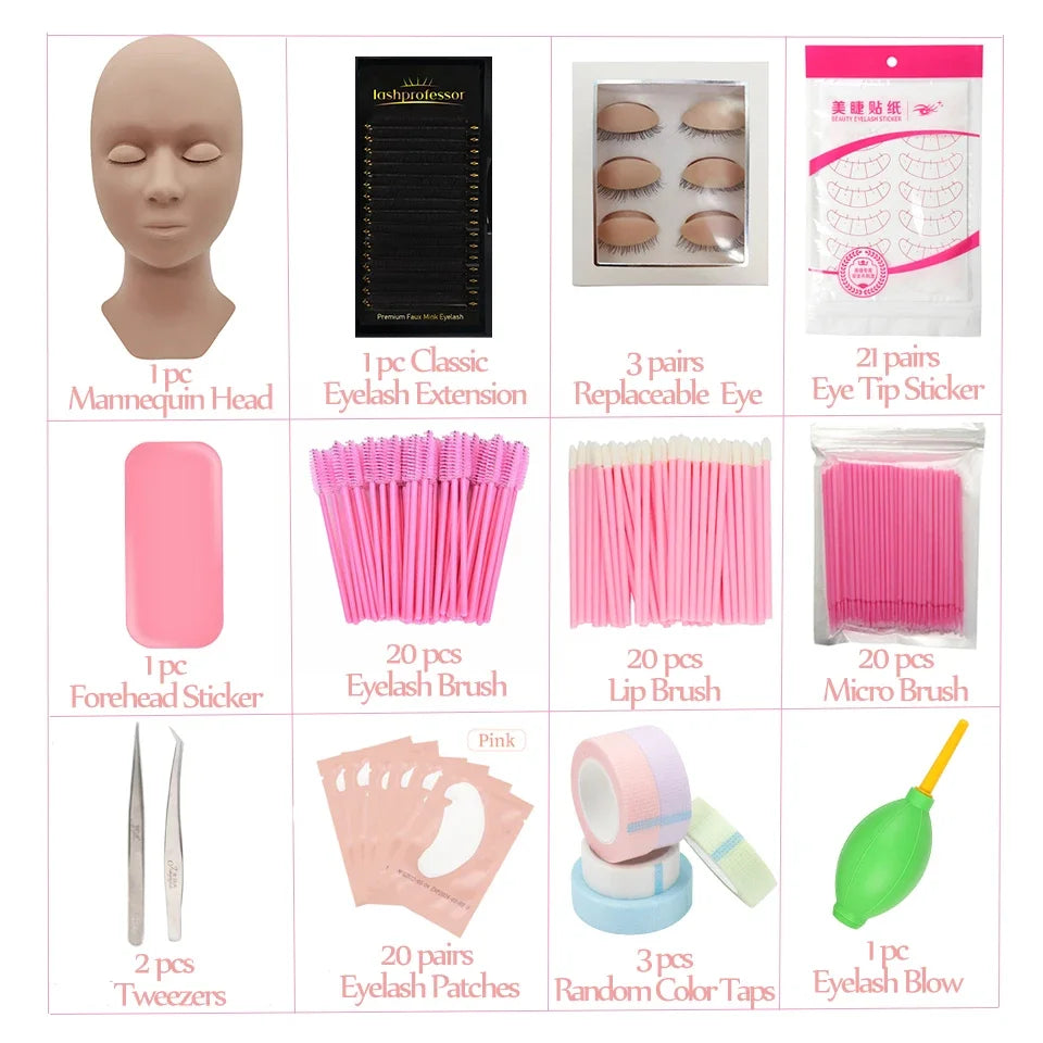 A set of silicone eyelash extension practice tools including a mannequin head, brushes, patches, tweezers, and eyelash blow.