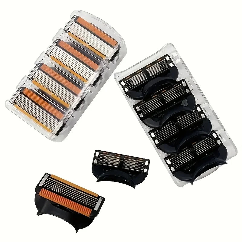 A set of six replacement razor heads for a fusion-style razor, shown in clear and black plastic packaging.