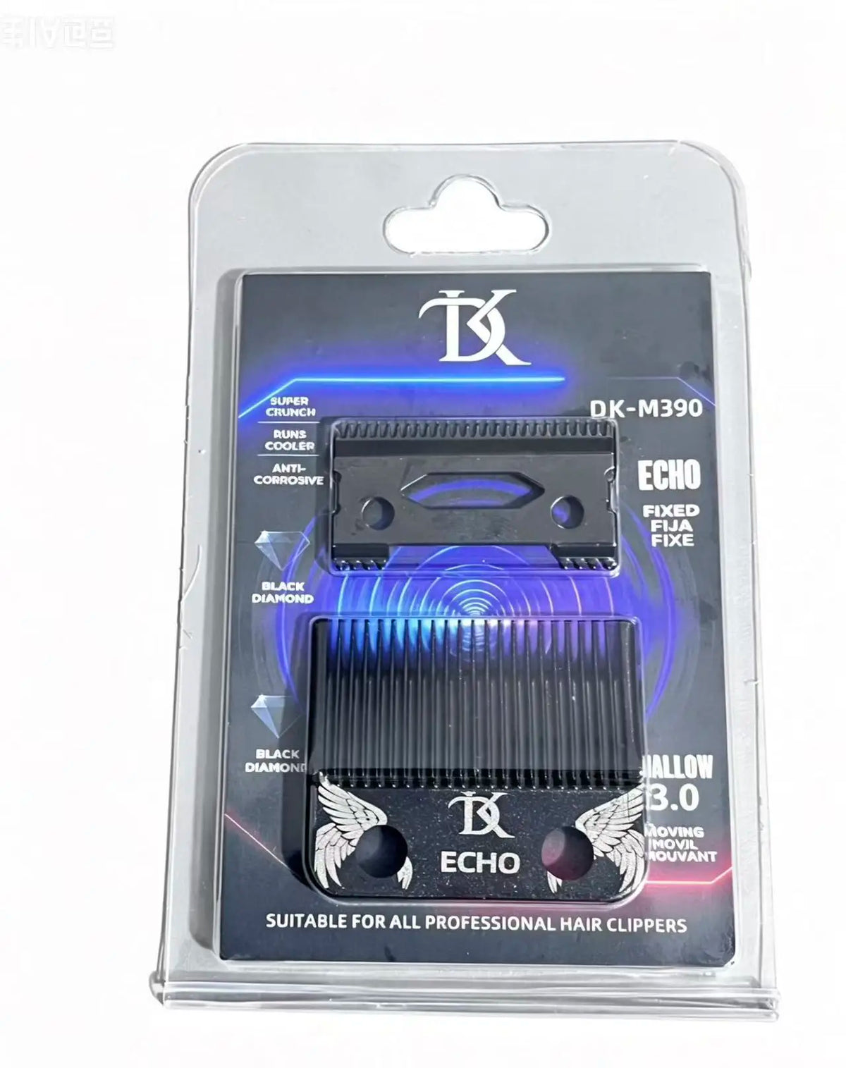 Packaging for a DK-M390 Echo fixed hair clipper blade set with black diamond blades