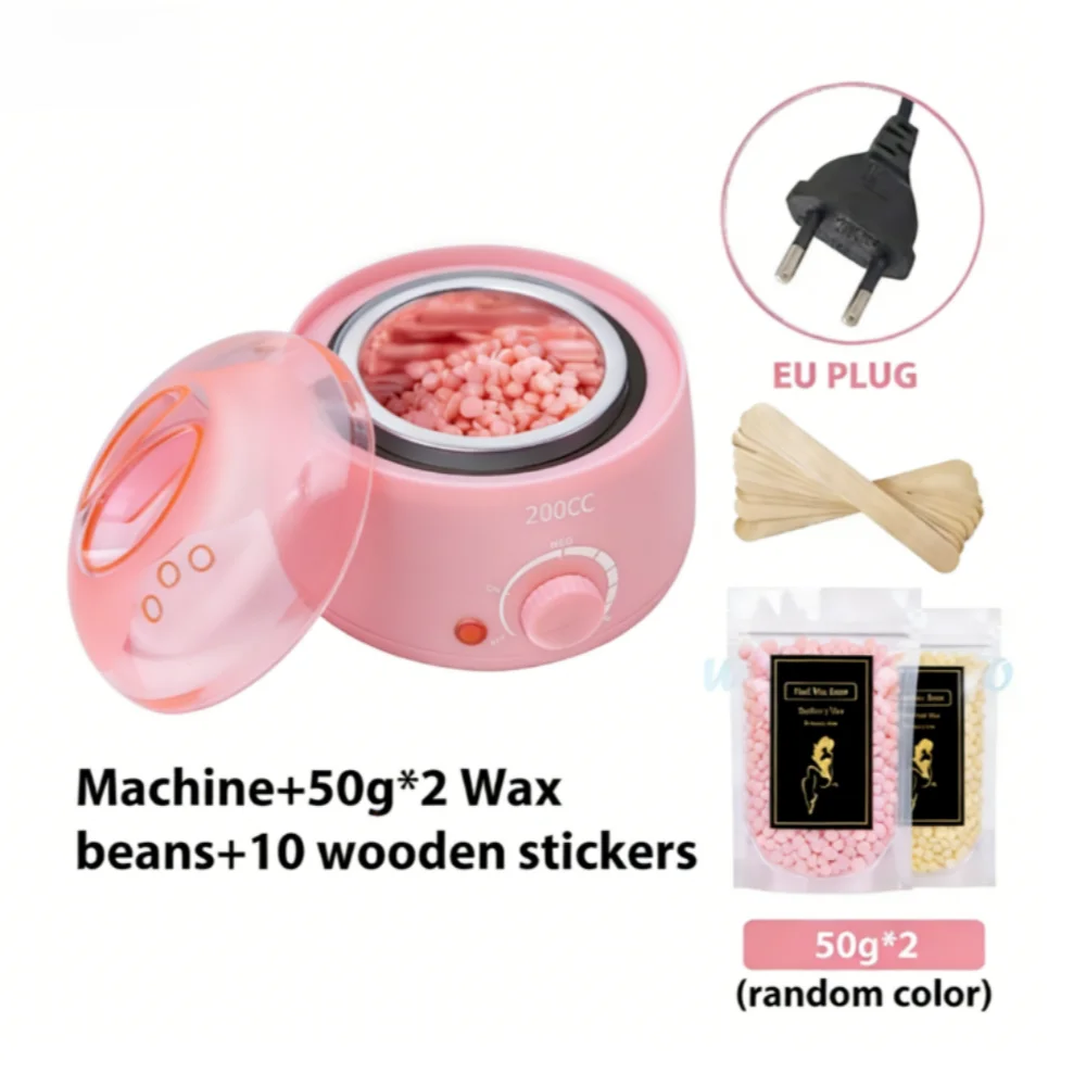 Pinkes Paraffinwachs-Heizgerät mit Wachsbohnen und Holzstickern neben einem EU-Stecker und einem Wattestäbchen