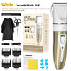 A white electric hair clipper set includes the clipper, charging cable, brush, calipers, sponge, and accessories.