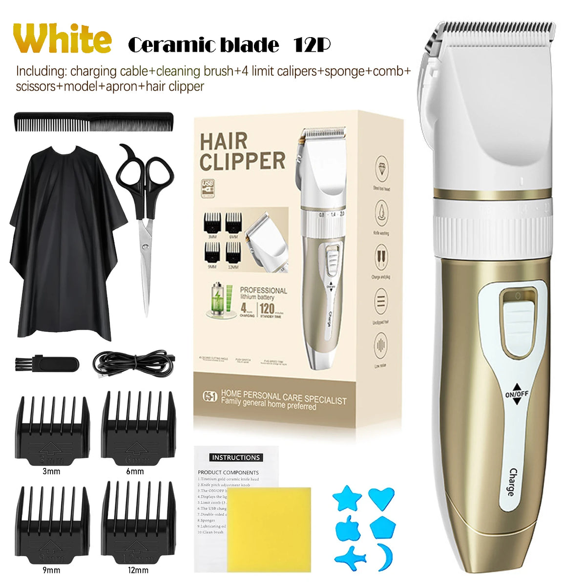 A white electric hair clipper set includes the clipper, charging cable, brush, calipers, sponge, and accessories.