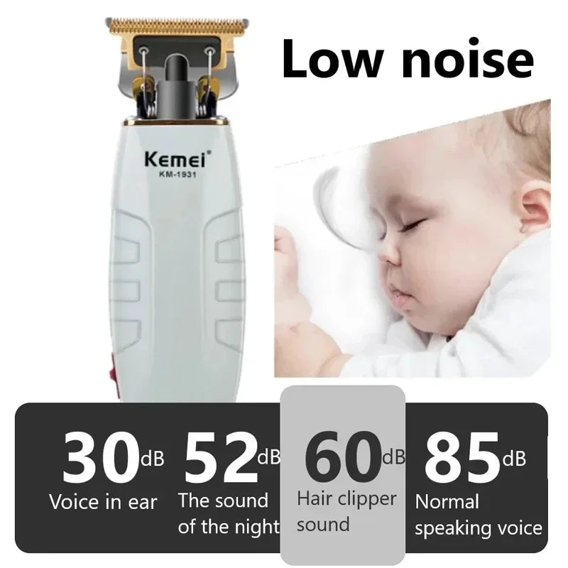 A white and gold cordless hair clipper trimmer device shown next to a baby sleeping peacefully.