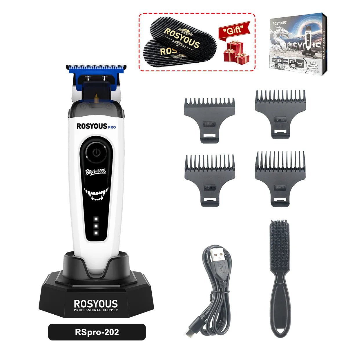 A white Rosyous Pro electric hair clipper with various attachments and a power cord.