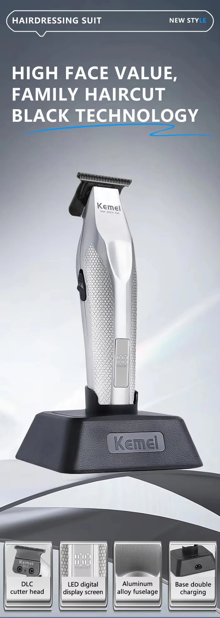 A Kemel professional hair dressing suit trimmer with a black body and silver accents shown on a white background.